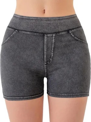 Womens Faux Denim Shorts High Waisted Stretchy Jeans Look Dressy Sexy Butt-Lifting Shorts Summer Bottoms