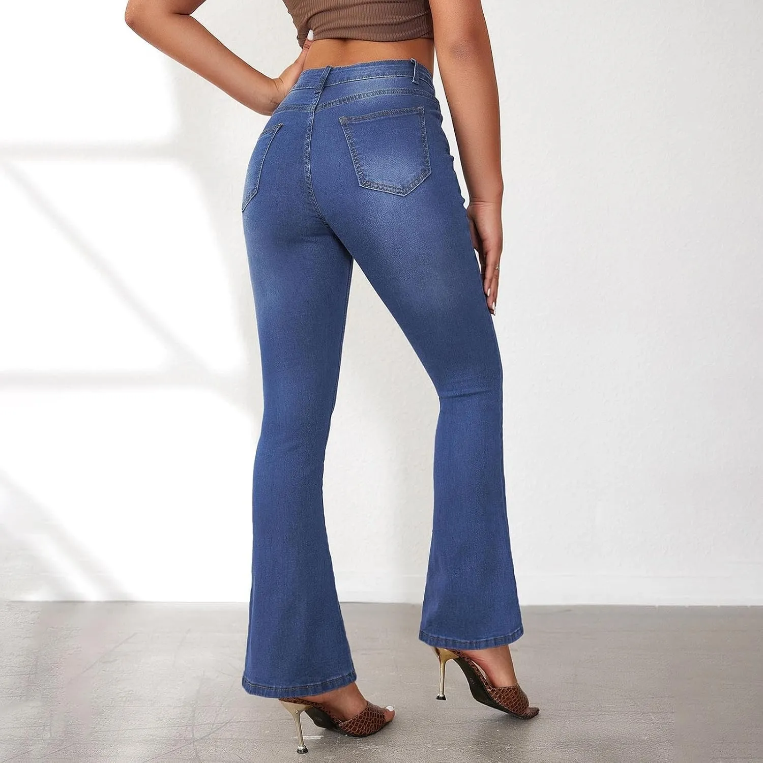 Womens Flare Jeans Wide Leg Slimming Bell Bottom Jeans Y2K Bootcut Pockets Dress Pants High Waisted