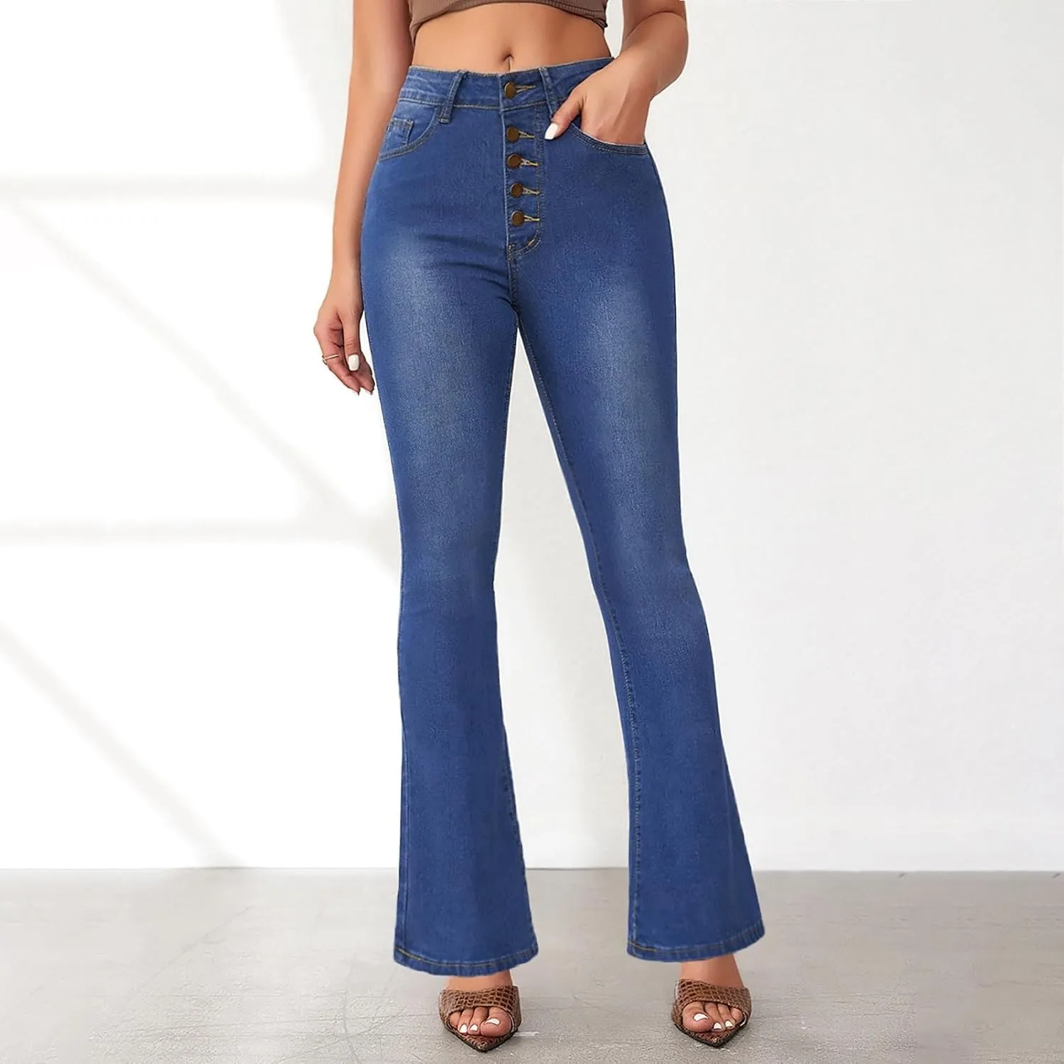 Womens Flare Jeans Wide Leg Slimming Bell Bottom Jeans Y2K Bootcut Pockets Dress Pants High Waisted