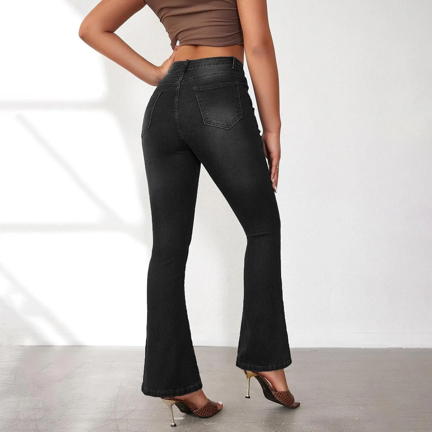 Womens Flare Jeans Wide Leg Slimming Bell Bottom Jeans Y2K Bootcut Pockets Dress Pants High Waisted