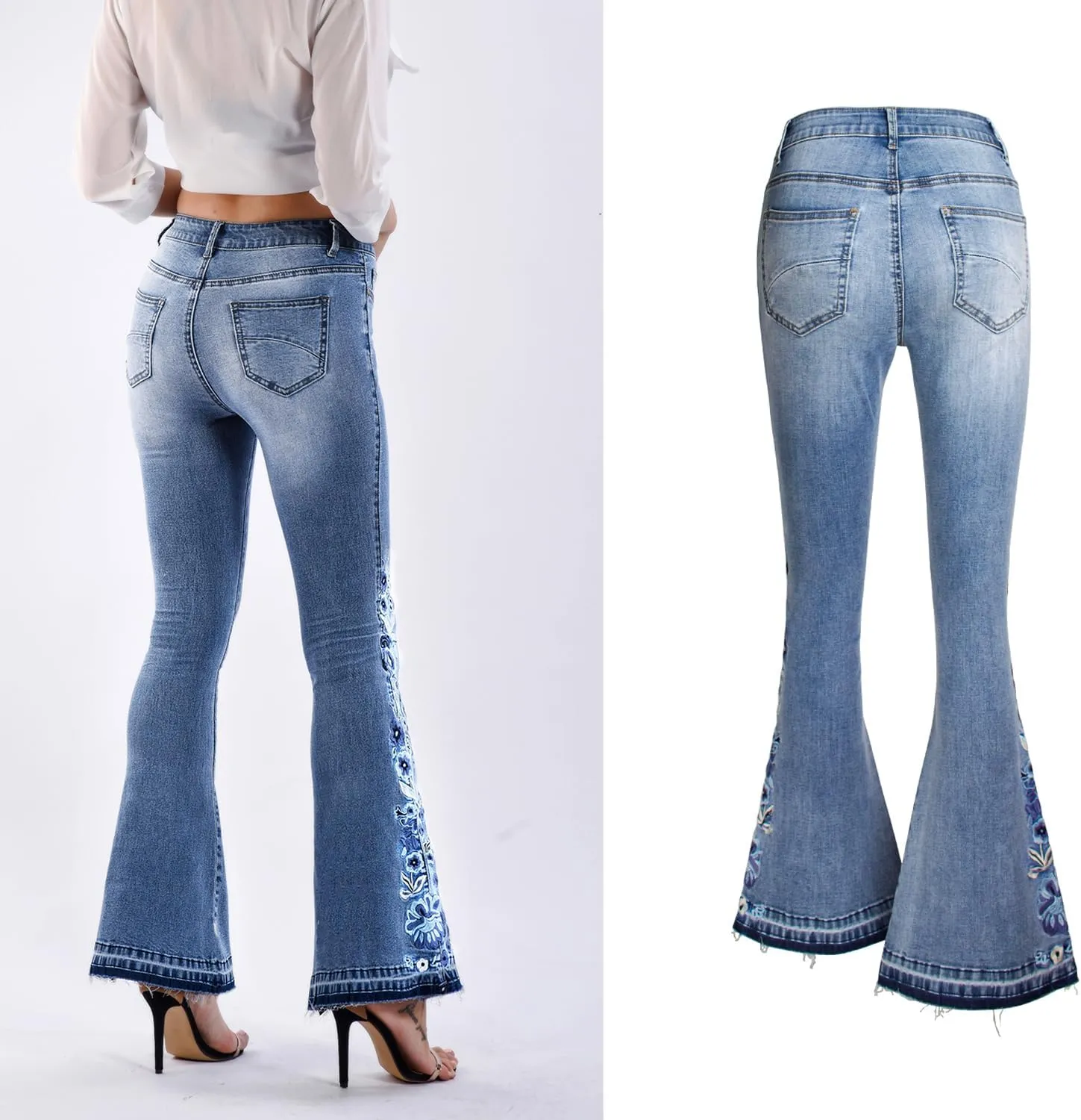Womens Floral Embroidered High Waisted Flare Bell Bottom Jeans 70s Outfits Bootcut Jeans Wide Leg Long Denim Pants