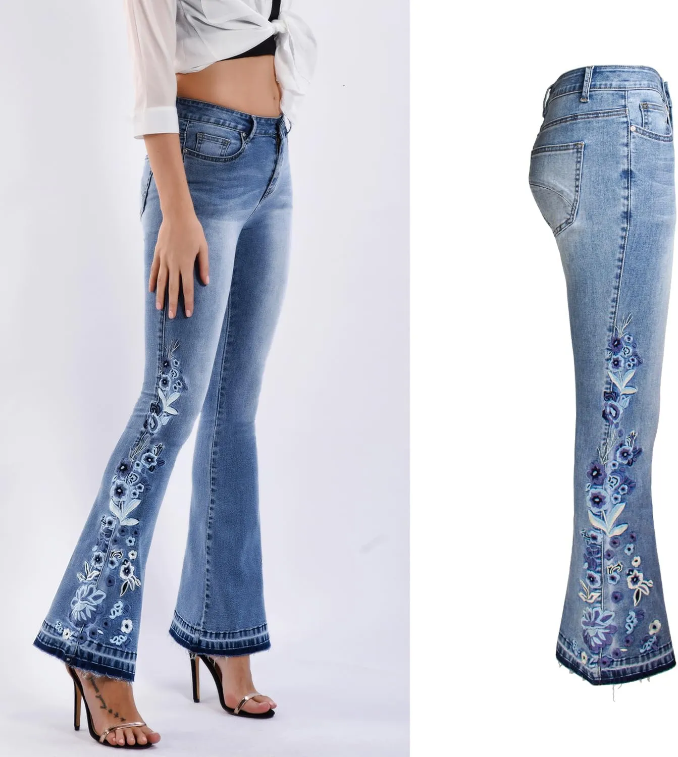 Womens Floral Embroidered High Waisted Flare Bell Bottom Jeans 70s Outfits Bootcut Jeans Wide Leg Long Denim Pants