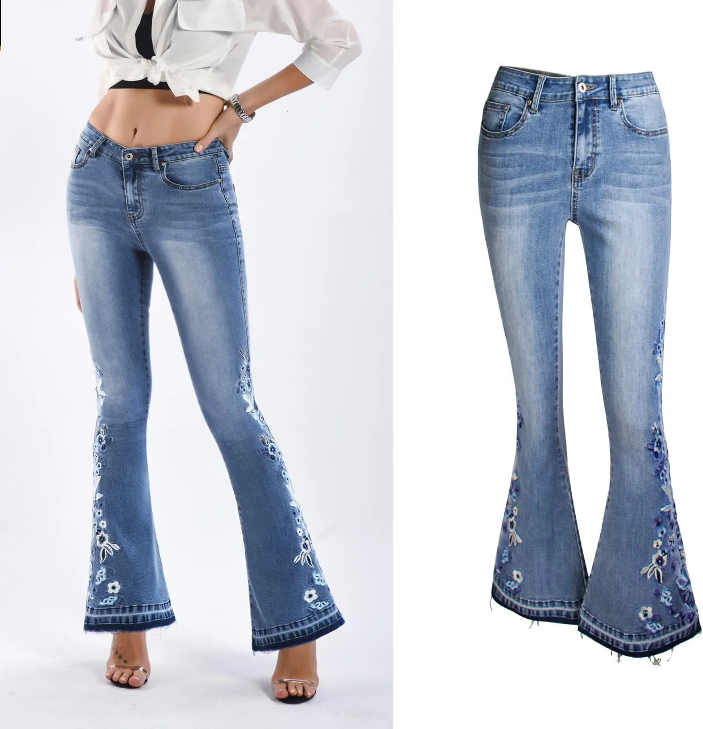 Womens Floral Embroidered High Waisted Flare Bell Bottom Jeans 70s Outfits Bootcut Jeans Wide Leg Long Denim Pants