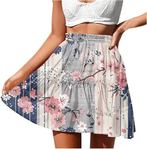 Womens Floral Ruffle Mini Skirts 2025 Summer Skater Short Skirt Elastic Waist Boho Pleated Skirts Trendy Half Dress