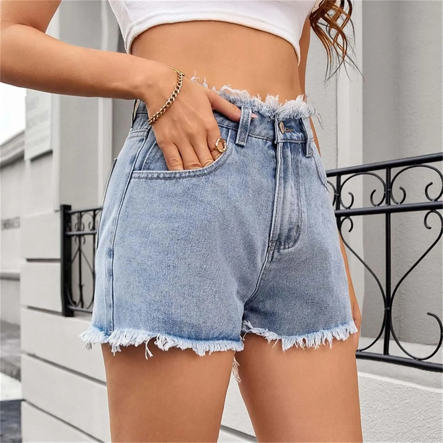 Women's Frayed Raw Denim Shorts Short Jeans Pockets High Waisted Distressed Jean Casual Summer Y2K Streetwear Vintage
