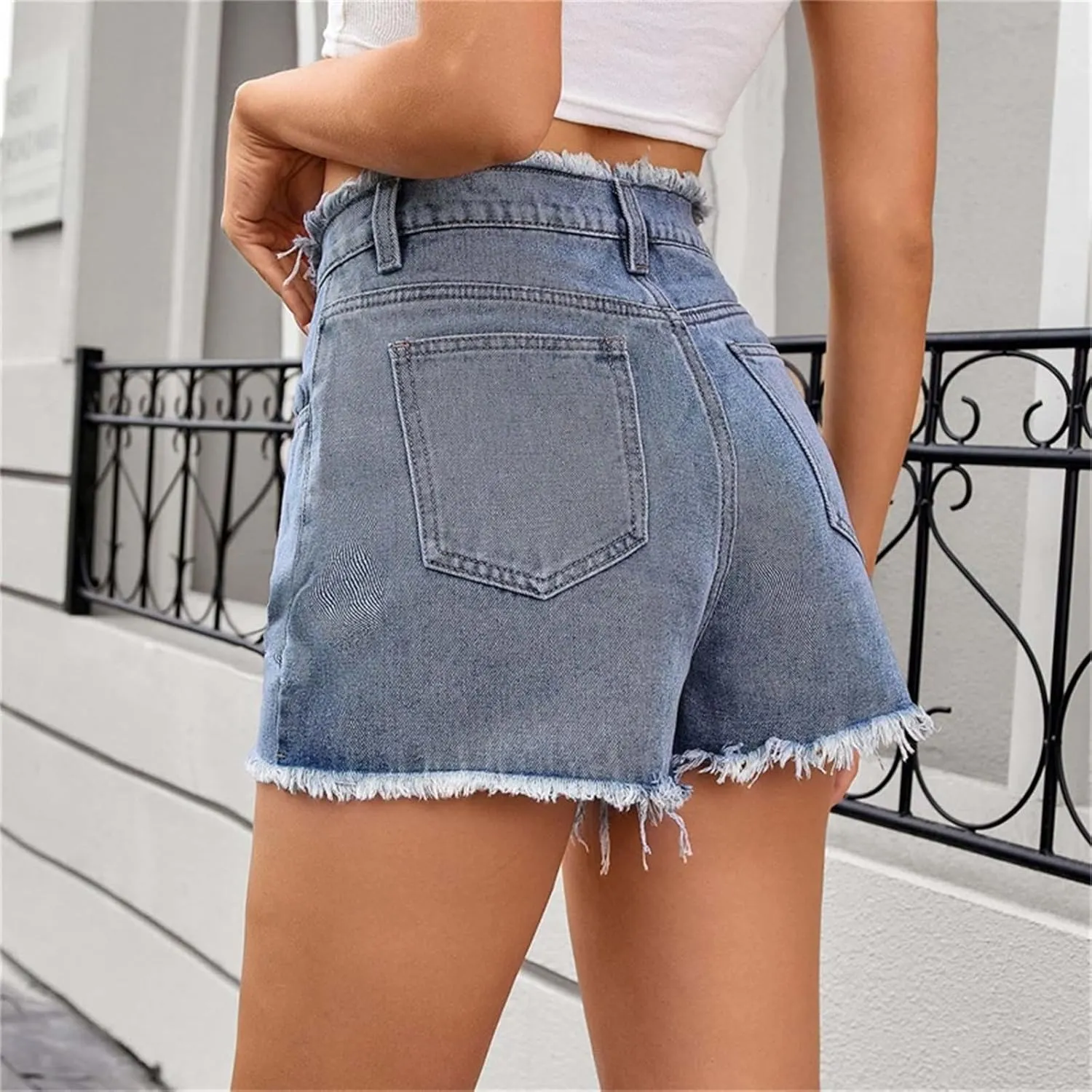 Women's Frayed Raw Denim Shorts Short Jeans Pockets High Waisted Distressed Jean Casual Summer Y2K Streetwear Vintage
