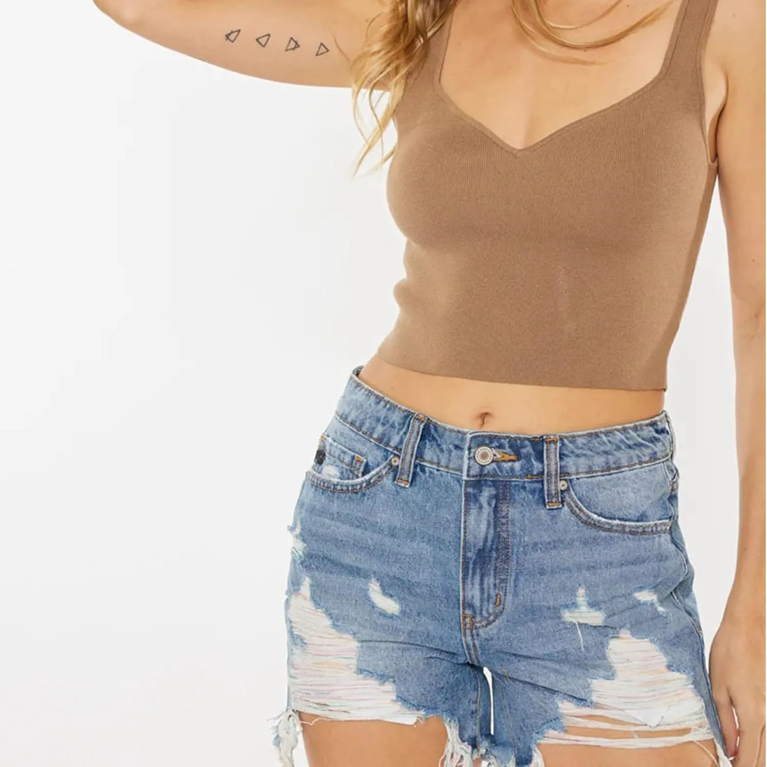 Women's Frayed Raw Hem Distressed Ripped Short Jeans, High Waisted Stretchy Denim Shorts