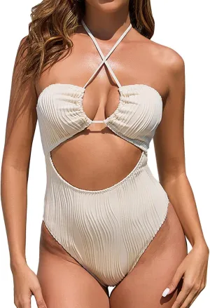 Womens Halter Swimdress One PieceCut Out Swimsuits Backless Side Tie Tummy Control Swim Dresses Skirt Bathing Suit