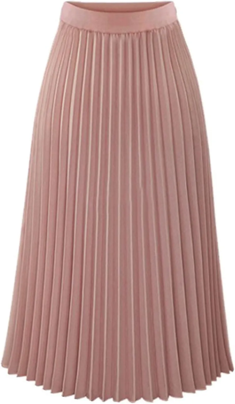 Womens High Elastic Waist Pleated Chiffon Skirt Midi Swing A-line Skirt Dressy Plain Solid Color Elegant Long Skirts