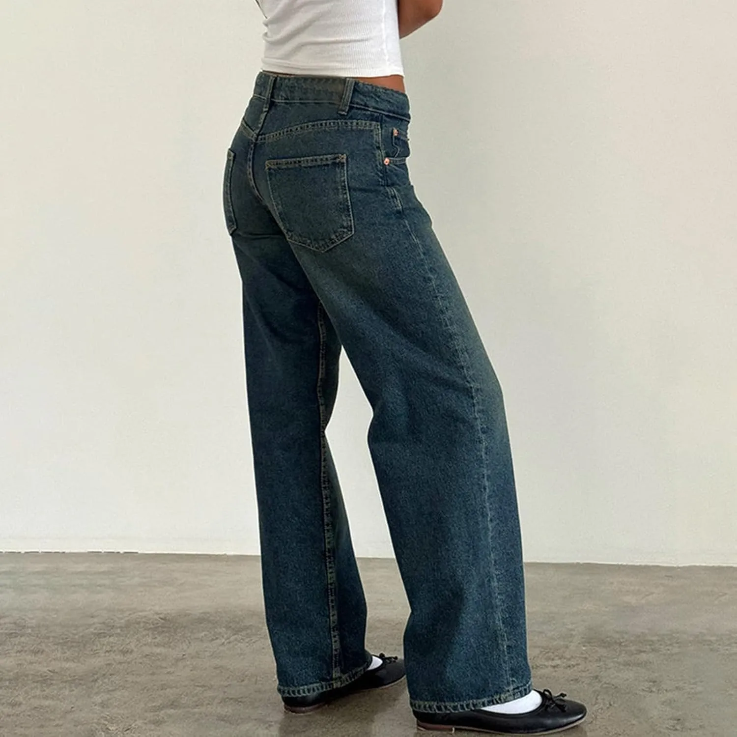 Women's High Waisted Flare Jeans with Belt Bootcut Stretchy Denim Pants Full Length Baggy Ripped Wide-Leg Patchwork Pants