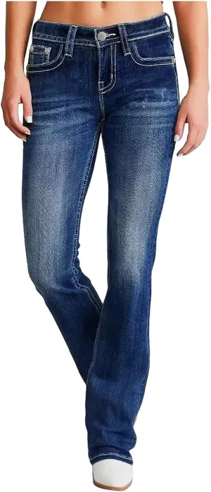 Womens High Waisted Jeans Flare Bottom Retro Stretch Boyfriend Bootcut Casual Denim Pants