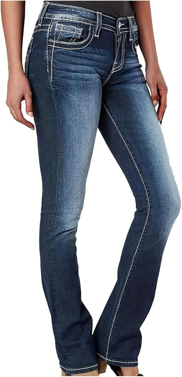 Womens High Waisted Jeans Flare Bottom Retro Stretch Boyfriend Bootcut Casual Denim Pants