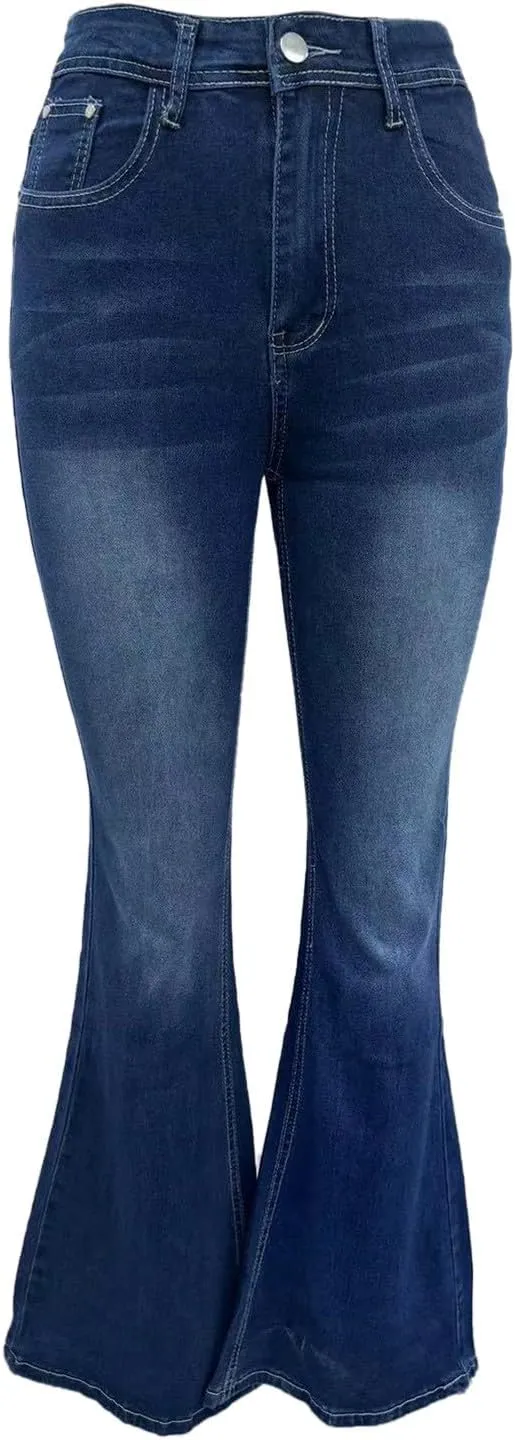 Womens High Waisted Jeans Flare Bottom Retro Stretch Boyfriend Bootcut Casual Denim Pants