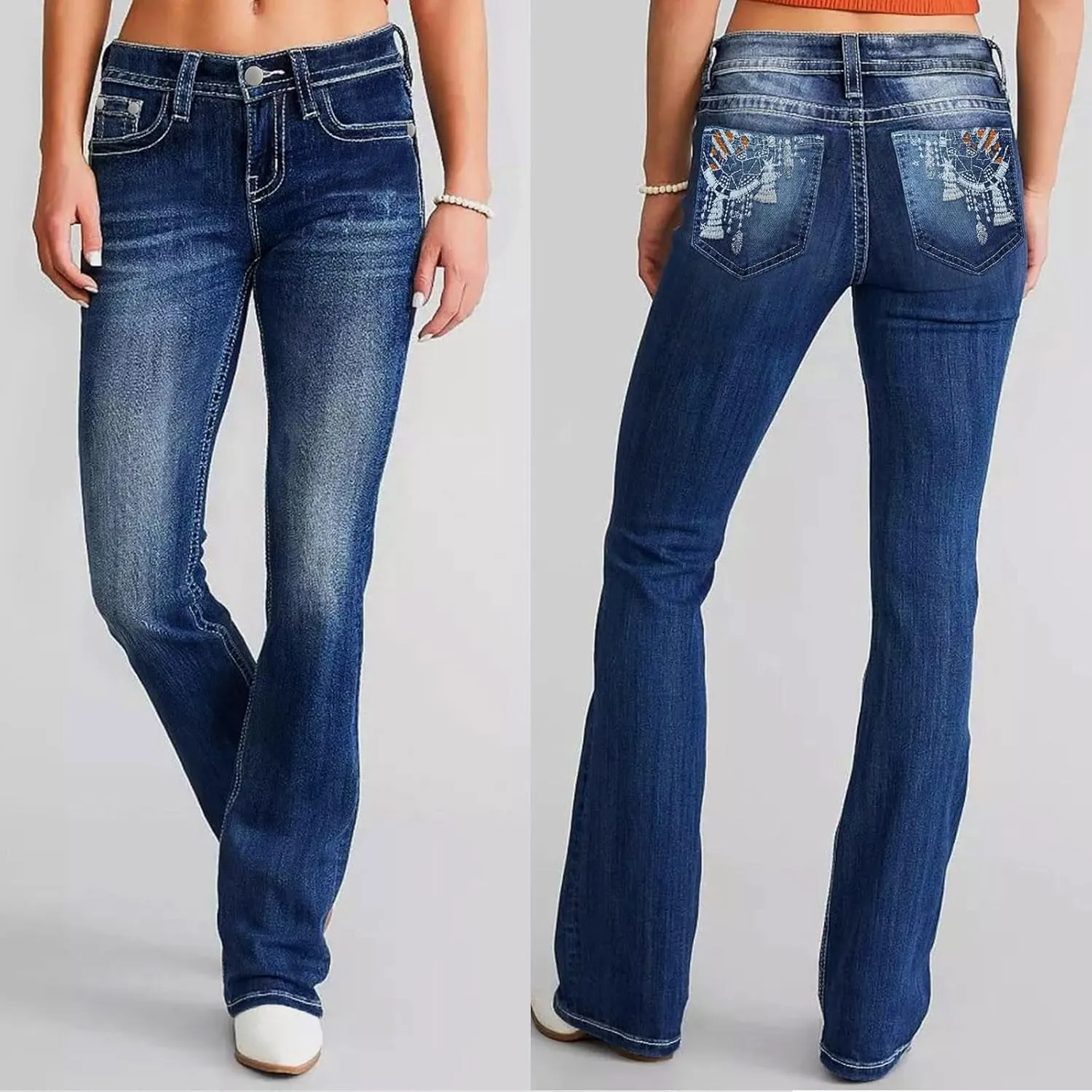 Womens High Waisted Jeans Flare Bottom Retro Stretch Boyfriend Bootcut Casual Denim Pants