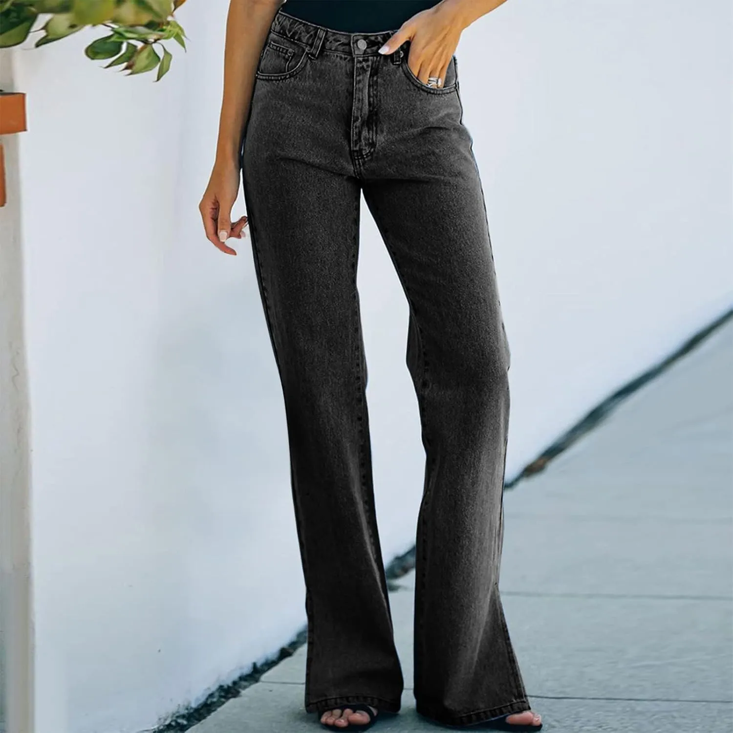 Womens High Waisted Jeans Flare Bottom Retro Stretch Boyfriend Bootcut Casual Denim Pants