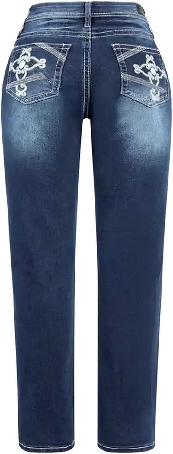 Womens High Waisted Jeans Flare Bottom Retro Stretch Boyfriend Bootcut Casual Denim Pants
