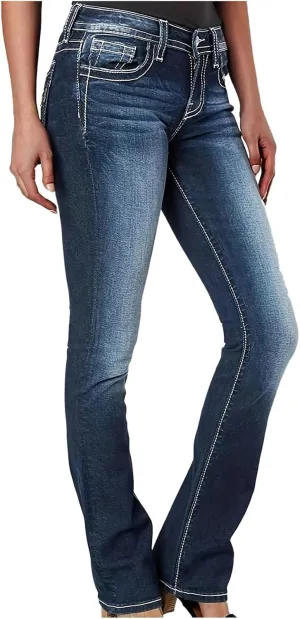 Womens High Waisted Jeans Flare Bottom Retro Stretch Boyfriend Bootcut Casual Denim Pants