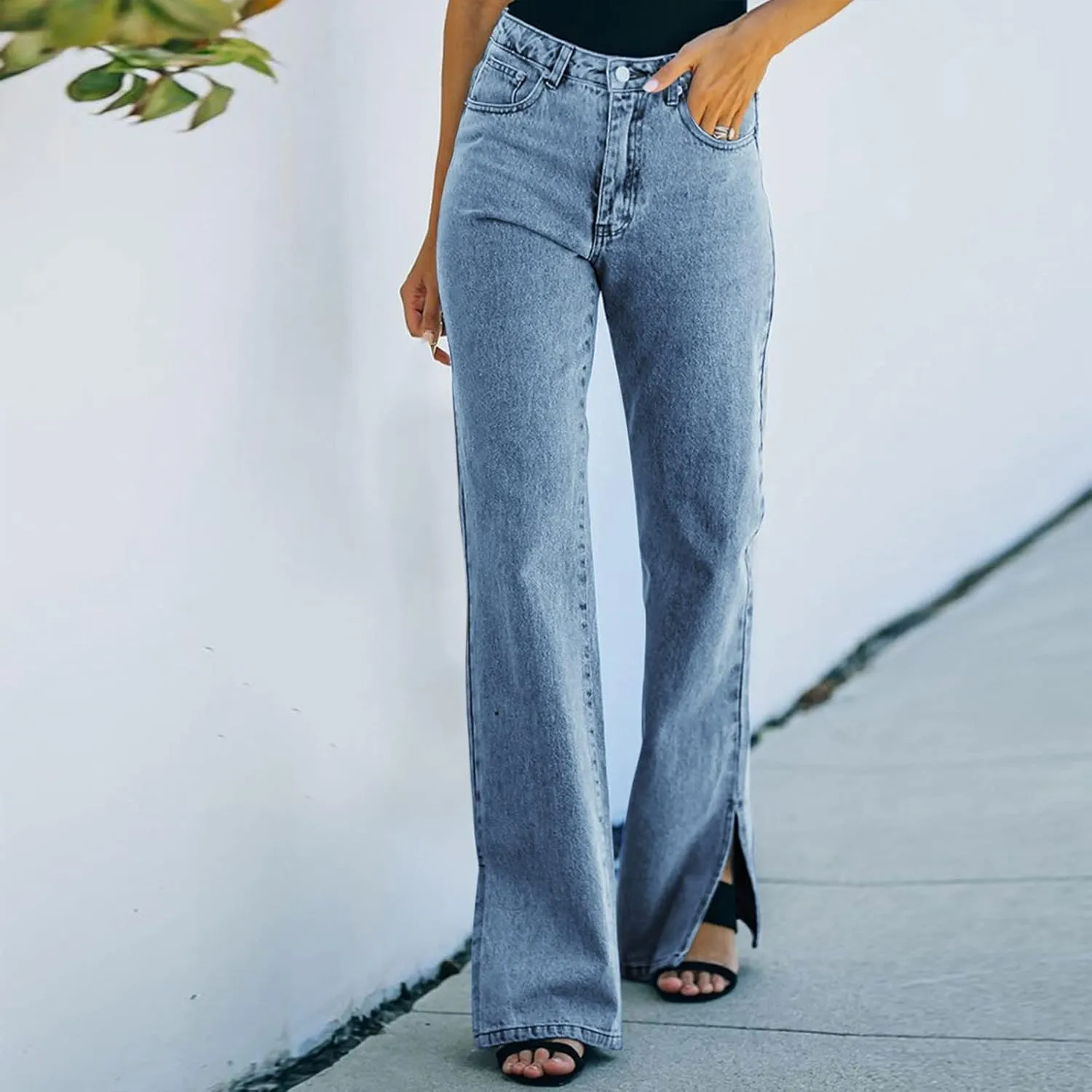 Womens High Waisted Jeans Flare Bottom Retro Stretch Boyfriend Bootcut Casual Denim Pants