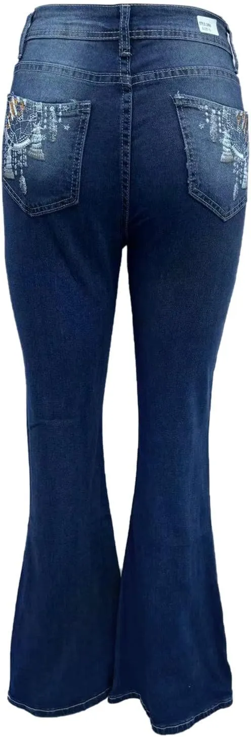 Womens High Waisted Jeans Flare Bottom Retro Stretch Boyfriend Bootcut Casual Denim Pants