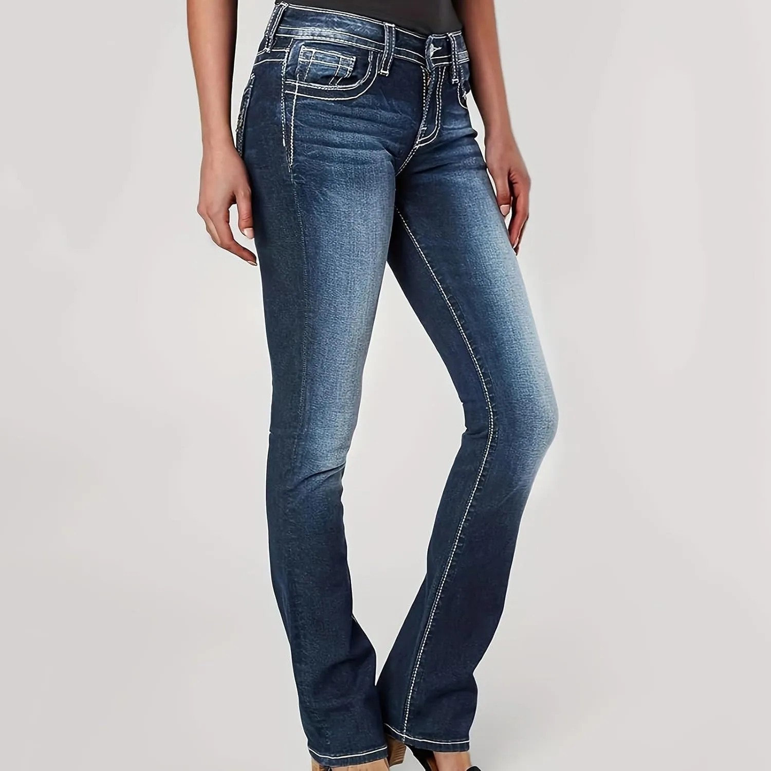 Womens High Waisted Jeans Flare Bottom Retro Stretch Boyfriend Bootcut Casual Denim Pants