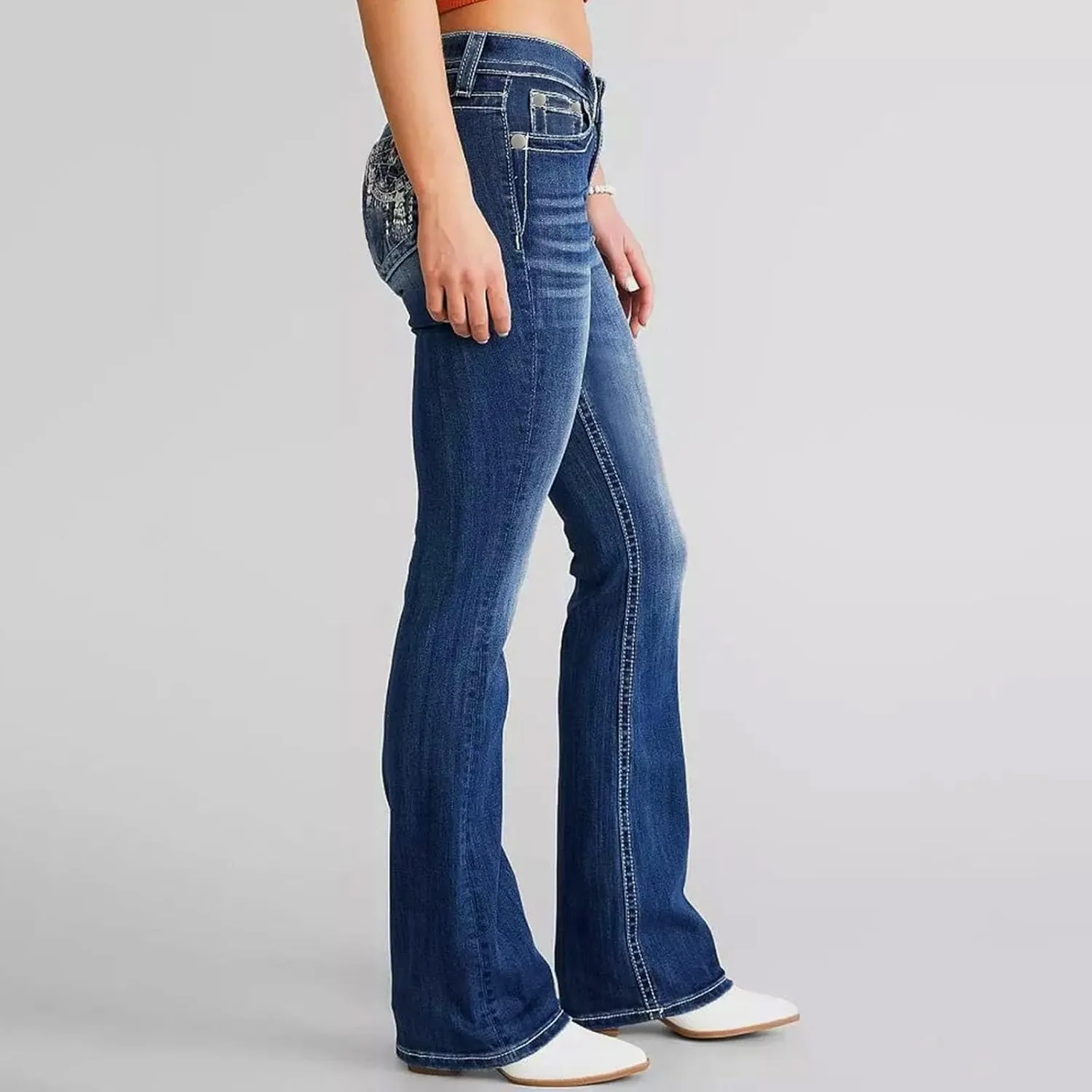 Womens High Waisted Jeans Flare Bottom Retro Stretch Boyfriend Bootcut Casual Denim Pants