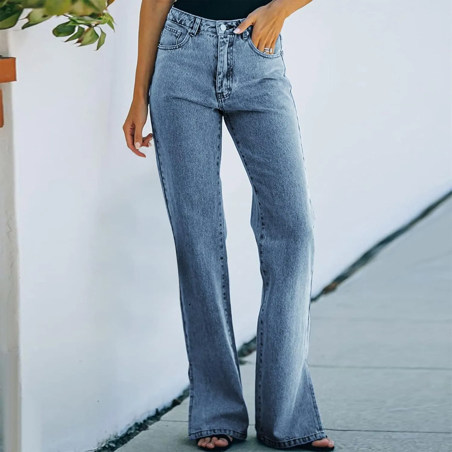 Womens High Waisted Jeans Flare Bottom Retro Stretch Boyfriend Bootcut Casual Denim Pants