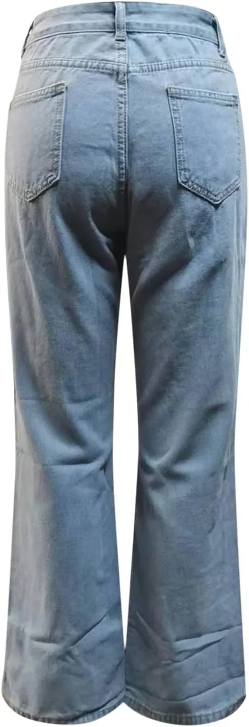 Womens High Waisted Jeans Flare Bottom Retro Stretch Boyfriend Bootcut Casual Denim Pants