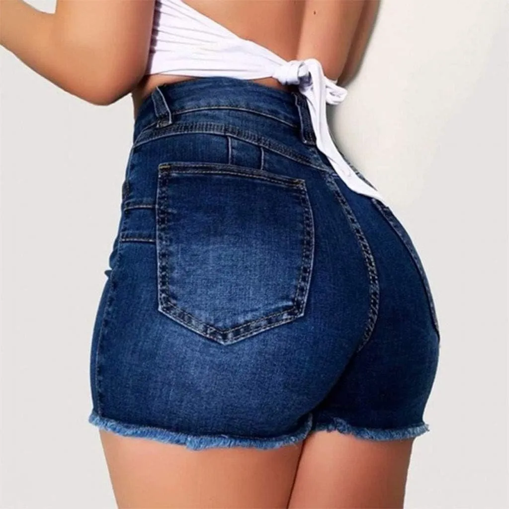 Womens Jean Shorts High Waisted Ripped Denim Jeans Fringed Hole Stretchy Summer Hot Short Pants Frayed Raw Hem Trendy