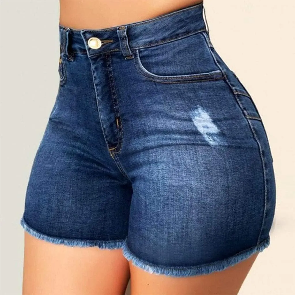 Womens Jean Shorts High Waisted Ripped Denim Jeans Fringed Hole Stretchy Summer Hot Short Pants Frayed Raw Hem Trendy