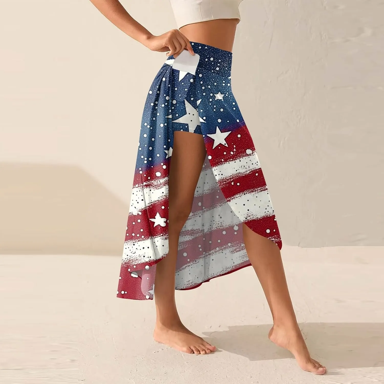 Womens July 4th Clothing Stars Striped Elastic Waist USA Flag Business Solid Long Flowy Skirts with Shorts