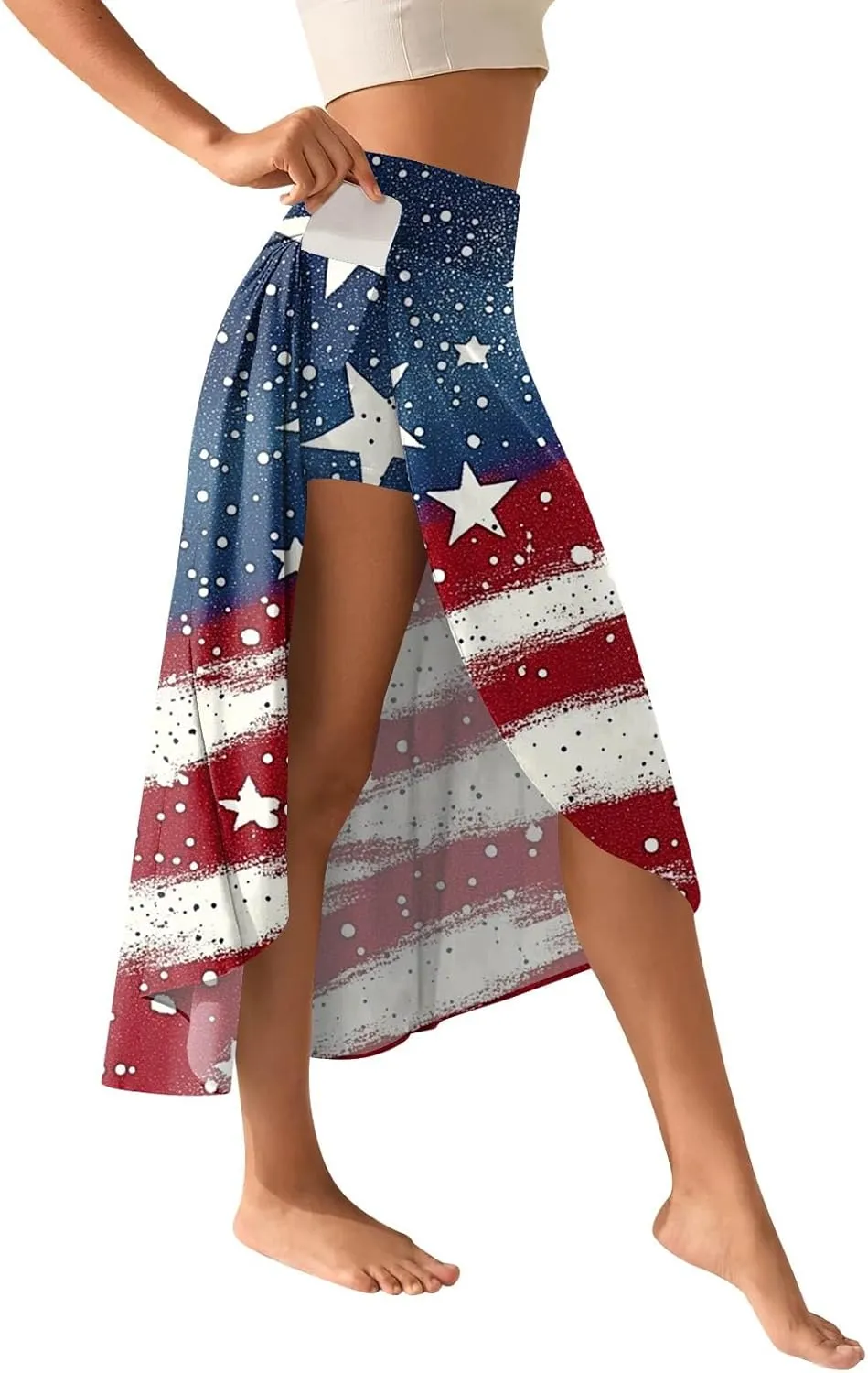 Womens July 4th Clothing Stars Striped Elastic Waist USA Flag Business Solid Long Flowy Skirts with Shorts
