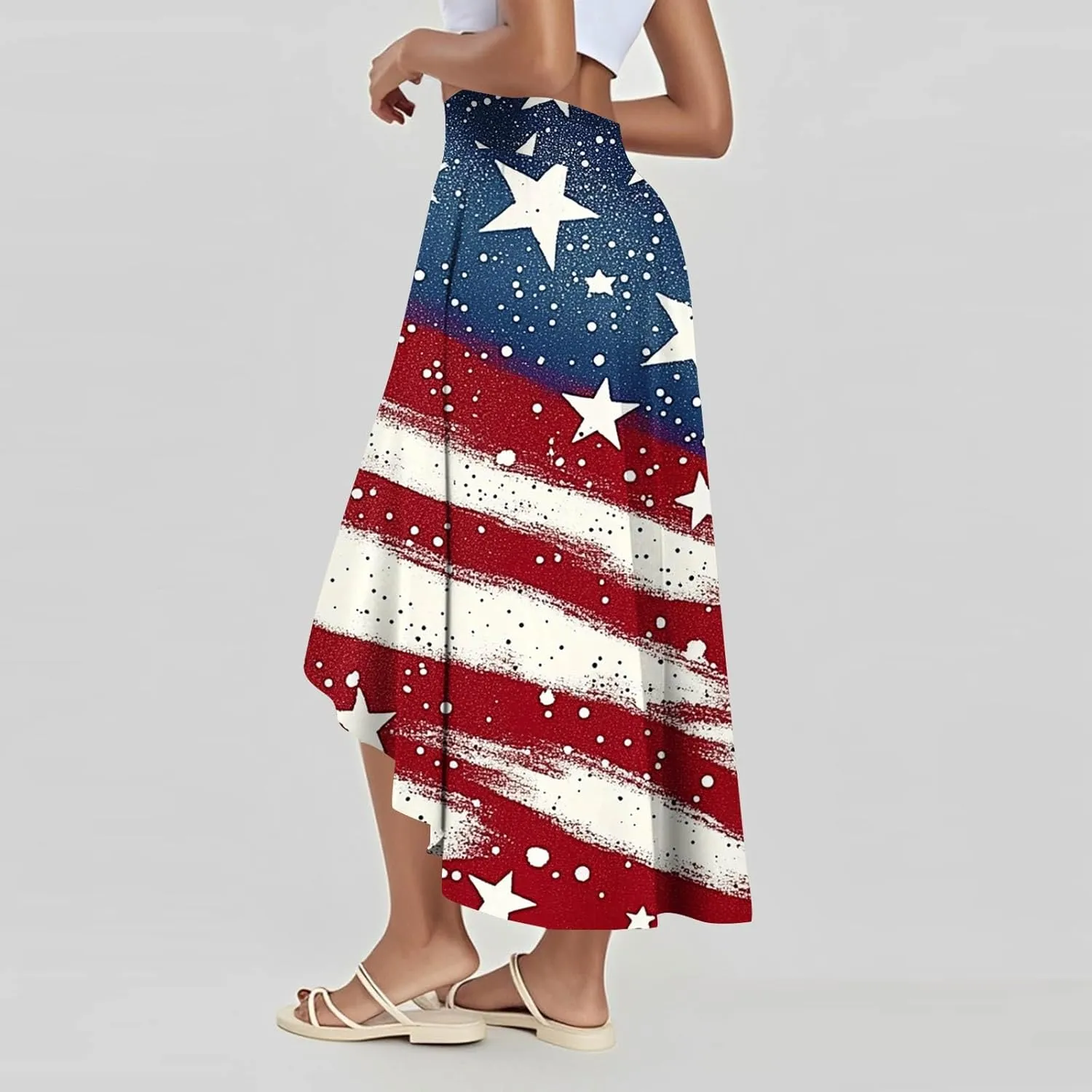 Womens July 4th Clothing Stars Striped Elastic Waist USA Flag Business Solid Long Flowy Skirts with Shorts