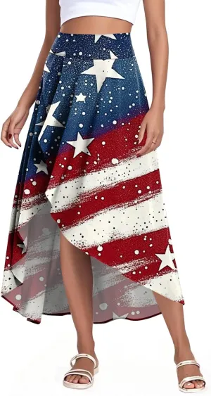 Womens July 4th Clothing Stars Striped Elastic Waist USA Flag Business Solid Long Flowy Skirts with Shorts