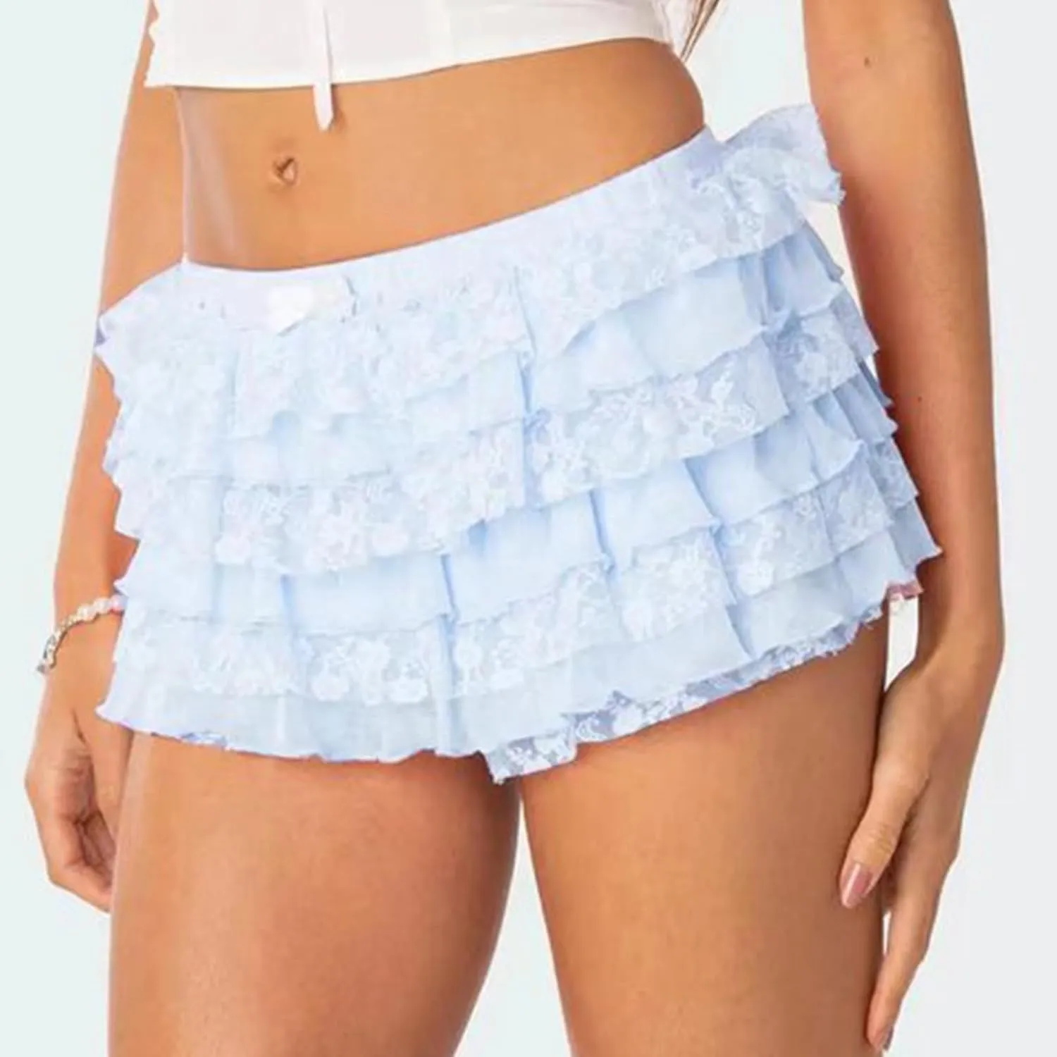 Womens Lace Mini Skirt Y2k Ruffle Shorts Layered Skirts Low Rise Flowy Short Skirt A-Line Tiered Skirts Club Party