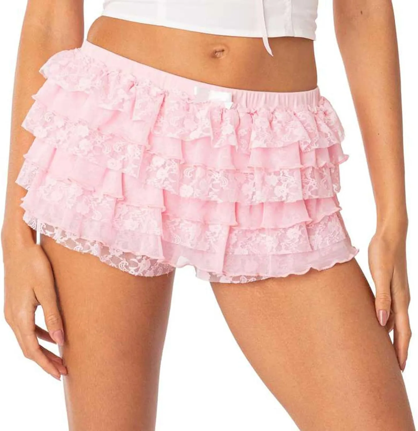 Womens Lace Mini Skirt Y2k Ruffle Shorts Layered Skirts Low Rise Flowy Short Skirt A-Line Tiered Skirts Club Party