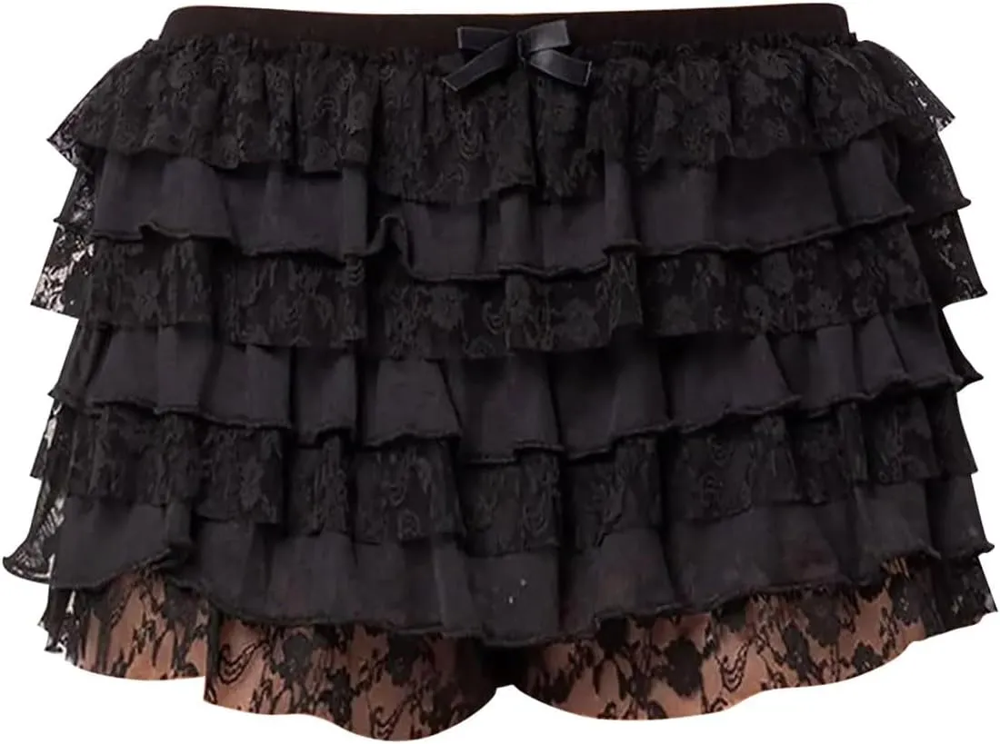 Womens Lace Mini Skirt Y2k Ruffle Shorts Layered Skirts Low Rise Flowy Short Skirt A-Line Tiered Skirts Club Party