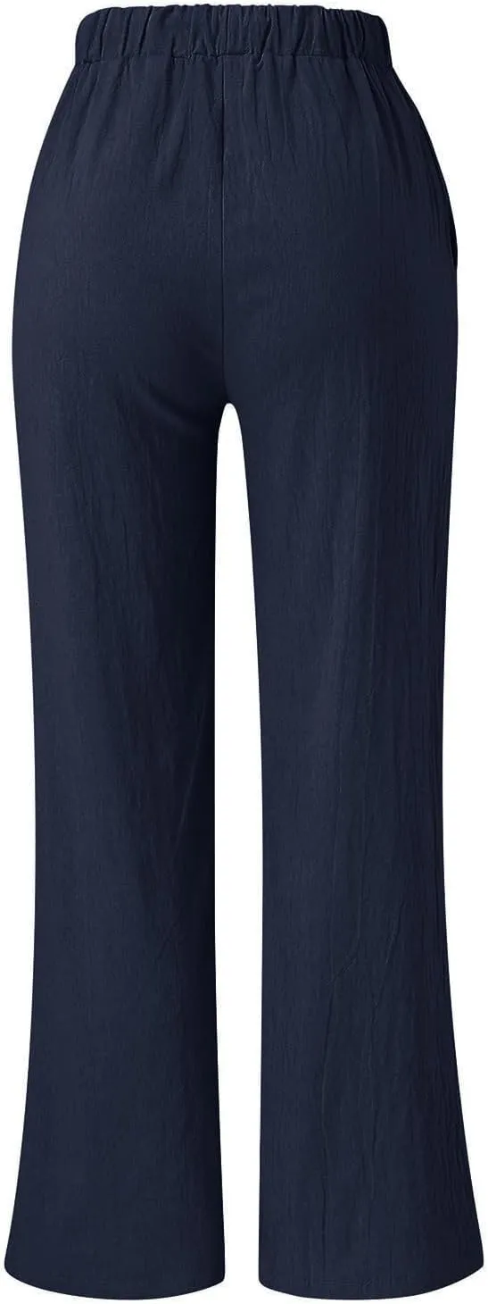 Women's Linen Casual High Waist Wide Leg Straight Dress Cotton Linen Pants Button Trousers