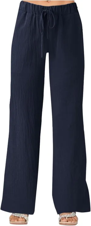 Women's Linen Casual High Waist Wide Leg Straight Dress Cotton Linen Pants Button Trousers