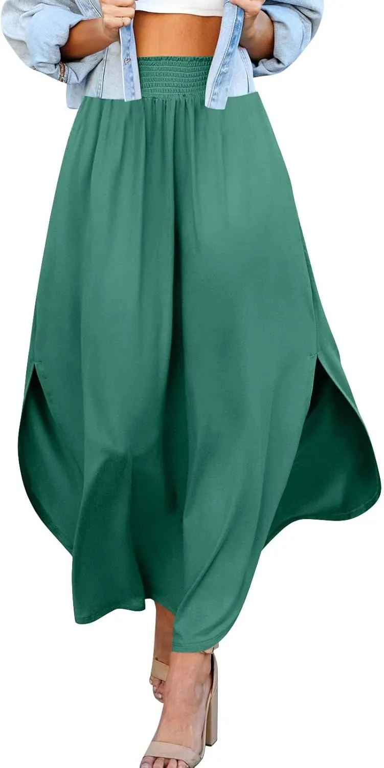 Women's Long Flowy Slit Skirt Elastic High Waisted A Line Maxi Skirts Trendy Beach Boho Skirt with Pockets