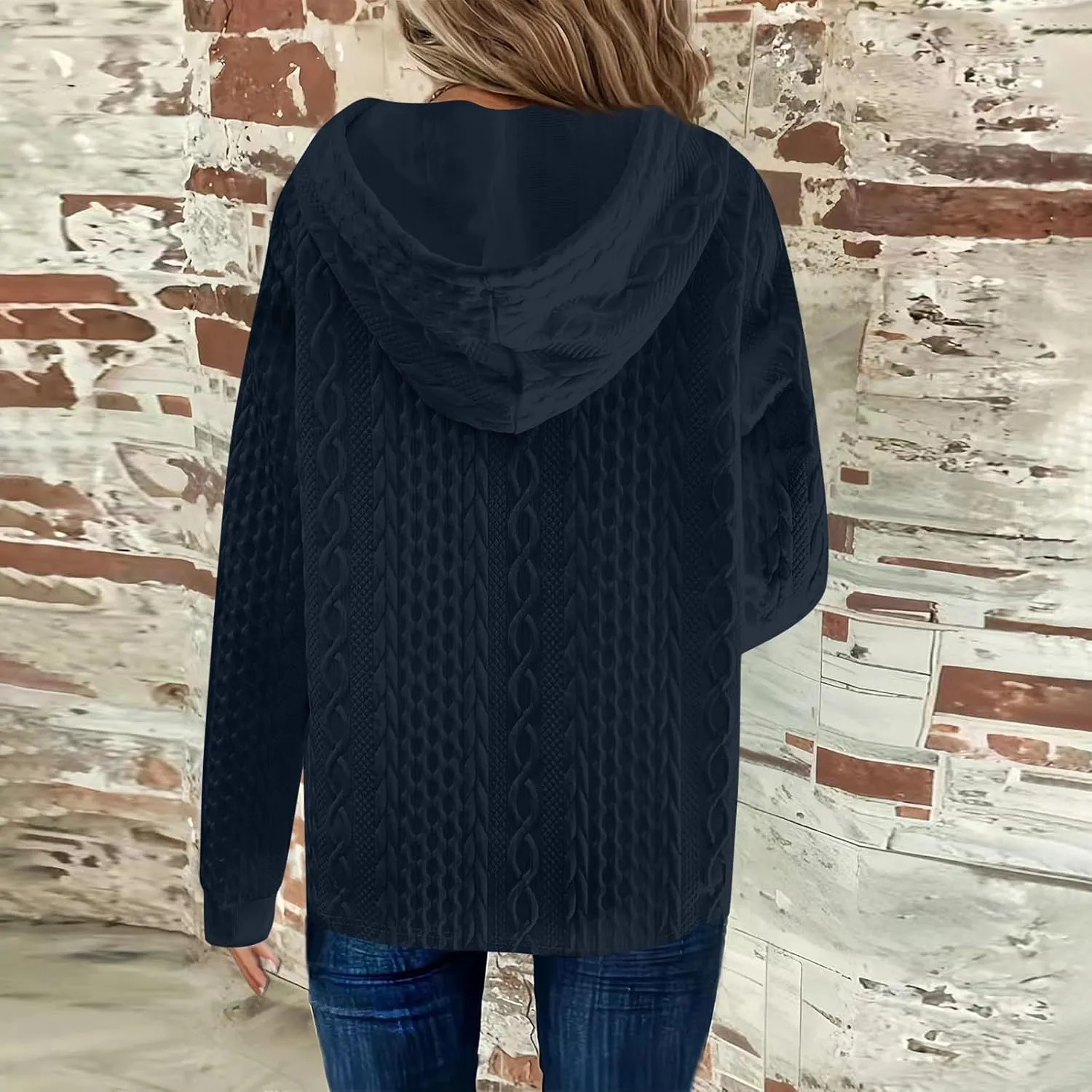 Women's Long Sleeve Hooded Trendy Drawstring Sweatshirt 2024 Button Loose V-Neck Top Comfy Slim Clothes