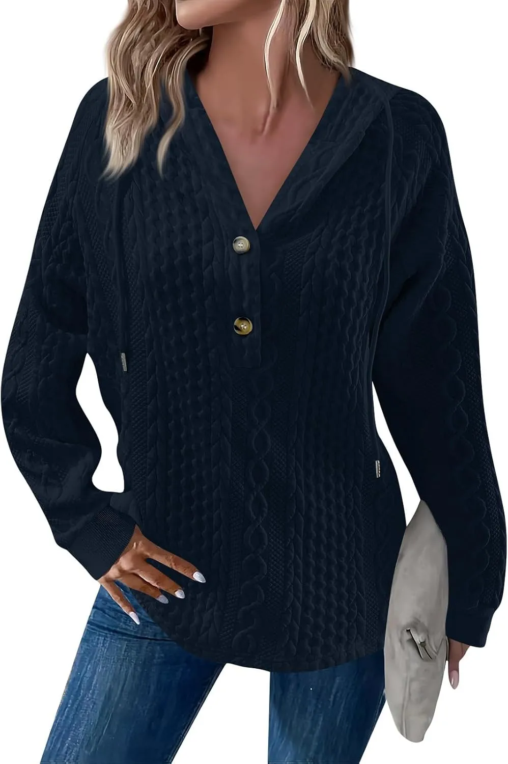 Women's Long Sleeve Hooded Trendy Drawstring Sweatshirt 2024 Button Loose V-Neck Top Comfy Slim Clothes