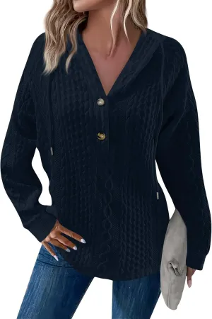 Women's Long Sleeve Hooded Trendy Drawstring Sweatshirt 2024 Button Loose V-Neck Top Comfy Slim Clothes