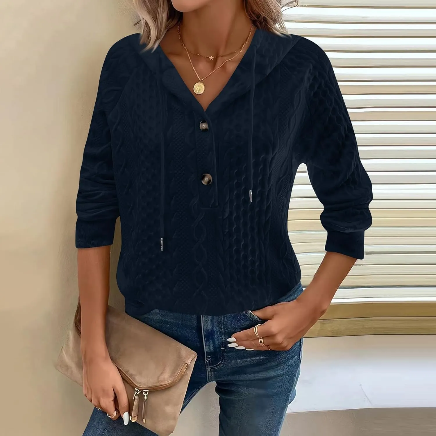 Women's Long Sleeve Hooded Trendy Drawstring Sweatshirt 2024 Button Loose V-Neck Top Comfy Slim Clothes