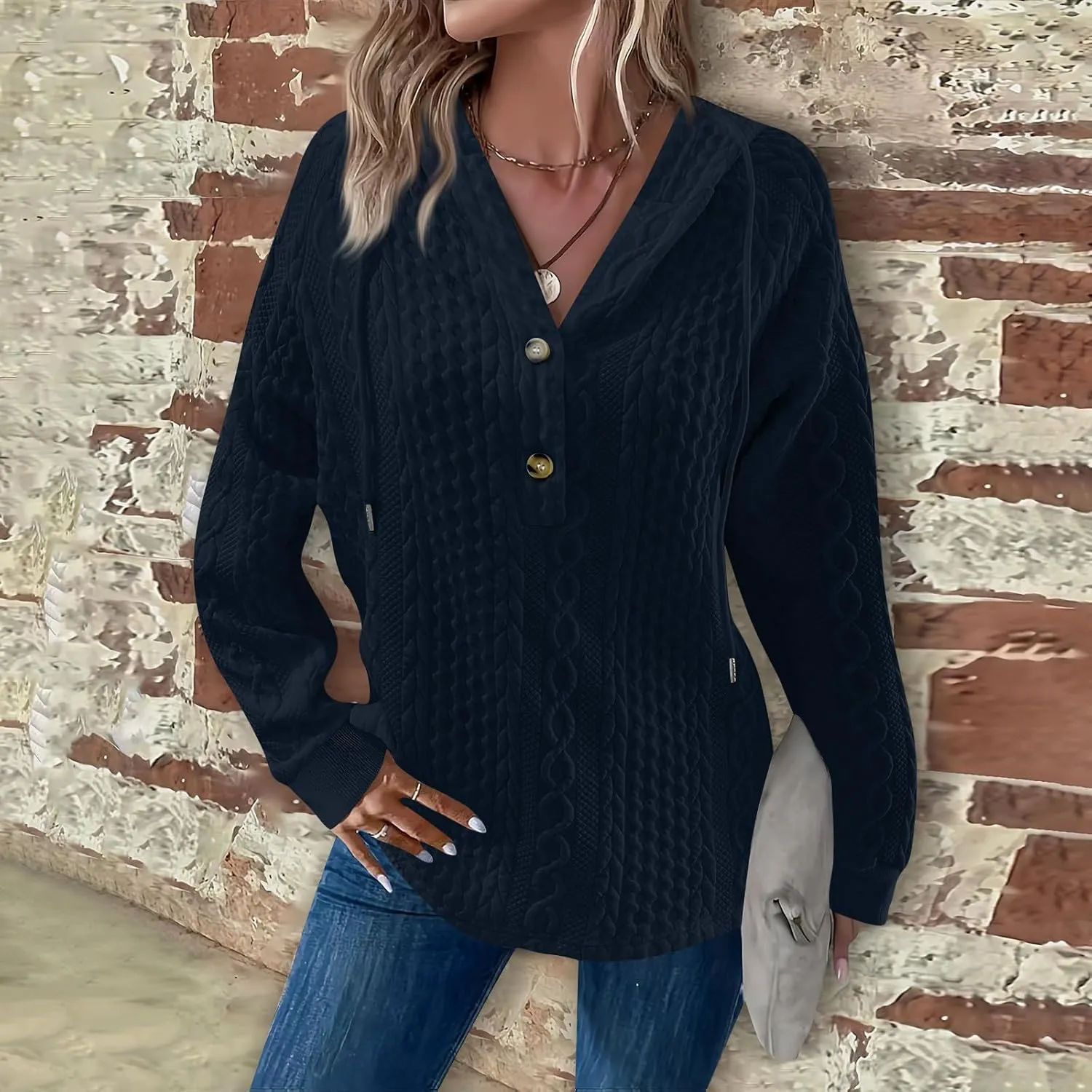 Women's Long Sleeve Hooded Trendy Drawstring Sweatshirt 2024 Button Loose V-Neck Top Comfy Slim Clothes