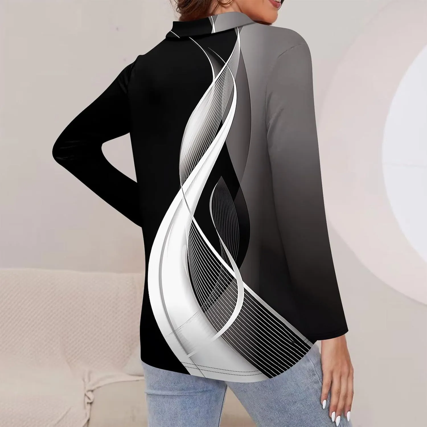 Womens Long Sleeve Tops Fall Fashion Sweatshirts Zipper V-Neck Long Sleeve Shirt Casual Printed Pullover