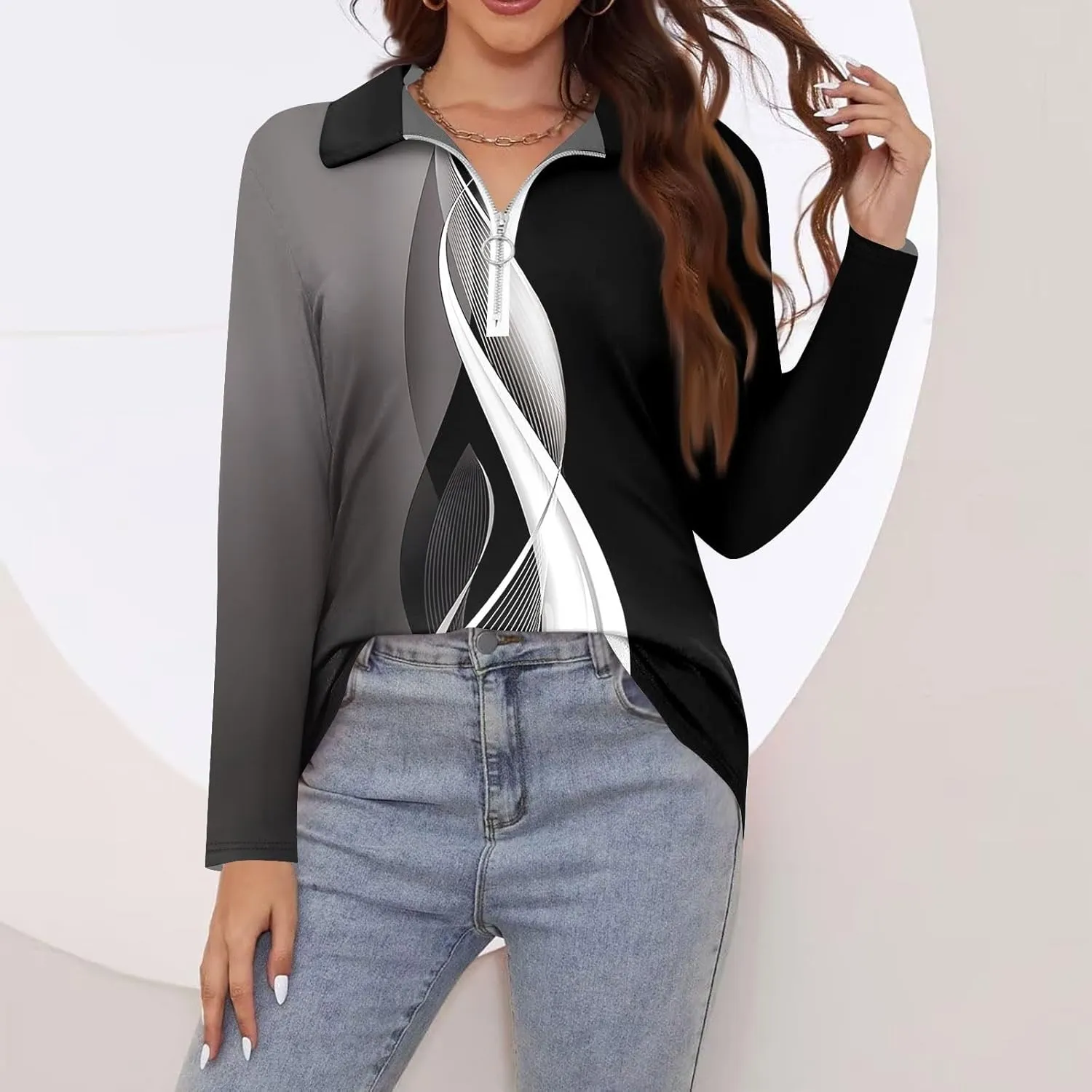 Womens Long Sleeve Tops Fall Fashion Sweatshirts Zipper V-Neck Long Sleeve Shirt Casual Printed Pullover