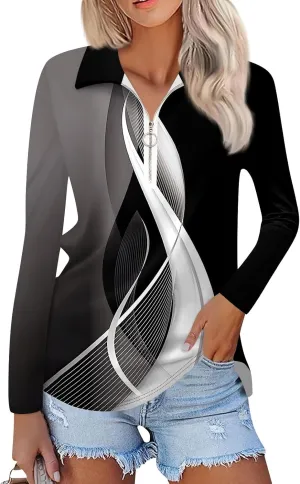 Womens Long Sleeve Tops Fall Fashion Sweatshirts Zipper V-Neck Long Sleeve Shirt Casual Printed Pullover