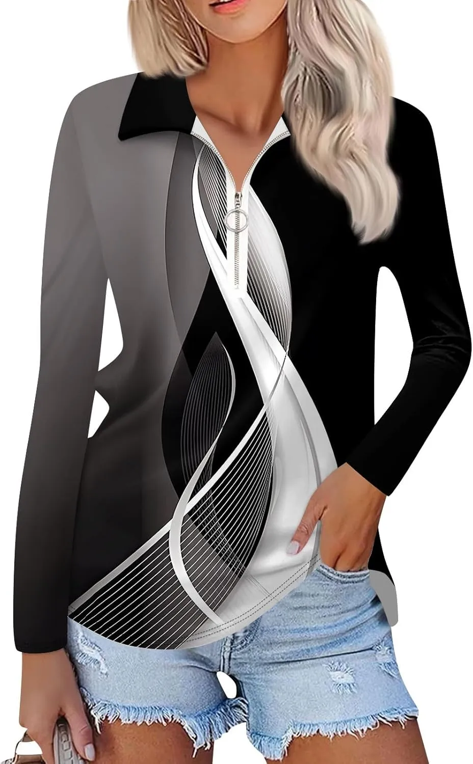 Womens Long Sleeve Tops Fall Fashion Sweatshirts Zipper V-Neck Long Sleeve Shirt Casual Printed Pullover