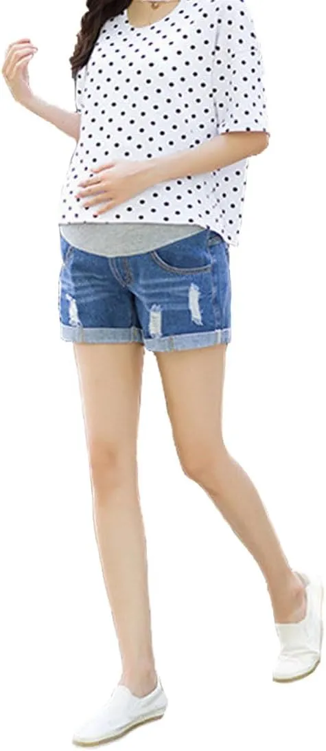 Women's Maternity Jean Short Roll Hem Distressed Stretchy Pregnant Ripped Denim Shorts Casual Short Pants