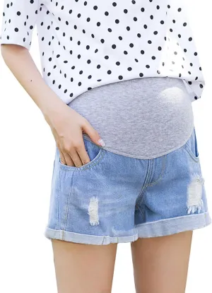 Women's Maternity Jean Short Roll Hem Distressed Stretchy Pregnant Ripped Denim Shorts Casual Short Pants